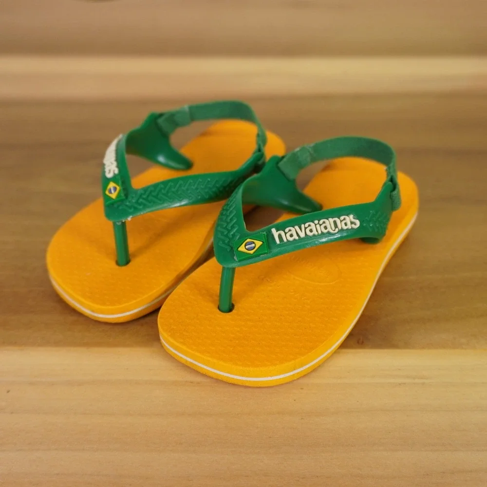 Havaianas Flip Flops Kids 6C Yellow Green Brasil Logo Elastic Backstrap Sandals